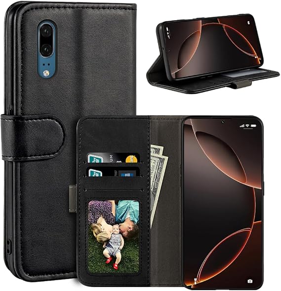 Leather Flip Case for Huawei P20 - Black | 5.8" Folio Wallet Case with Card Slots, Magnetic Closure, Stand Function and RFID RFID Blocking