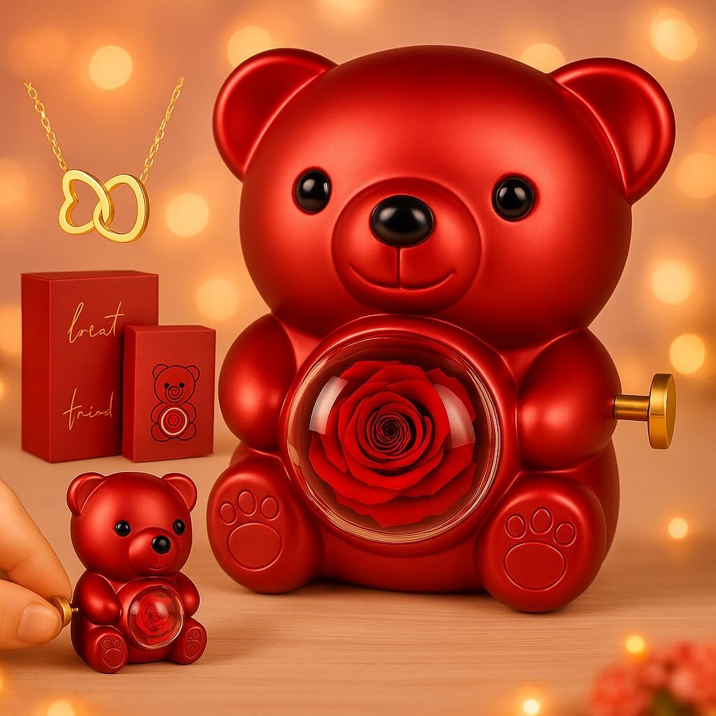 Teddy Bear with Preserved Rose, Flower Forever in Bear with Gift Box for Women, Romantic Bear Roses with Music for Valentines Mothers Day Anniversary Day Birthday Red
