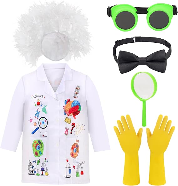 Kyson Kids Mad Scientist Costume 6 Pieces Science Crazy Lab Coat and Goggles Wig Gloves Bowtie Magnifier Halloween Dress Up