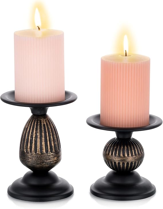 Sziqiqi Black Pillar Candle Holders Set of 3 for Halloween Table | Distressed Black, Vintage Metal Candle Holders for Pillar Candles, for Coffee Dining Table, Mantel, Farmhouse Home Decor