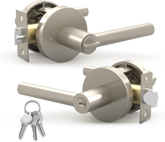 Mega Handles Ronn Entrance Entry Lever Door Handle Heavy Duty Round Locking Lever Set for Left or Right-Handed Doors, Interior/Exterior Door Levers - Satin Nickel | Satin Nickel, Entry Door Handle, Keyed Lock, Door Handle With Lock, 1 Pack, Install Hardware