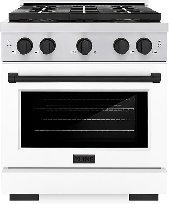 ZLINE Autograph 30 in. 4.2 cu. ft. Paramount Dual Fuel Range with 4 Burner DuoProTM Cooktop and Electric Convection Oven in Stainless Steel with White Door and Matte Black Accents (PSDRZ-WM-30-MB)
