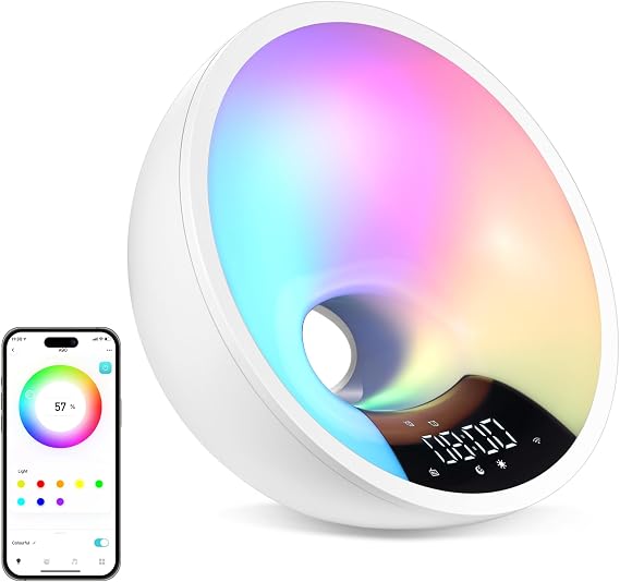 HOM Smart Sunrise Alarm Clock with Wake-Up Light & FM Radio - Digital Clock and Lamp with 7 Natural Sounds and 7 Light Colors - Easy Control via Amazon Alexa and Google Home