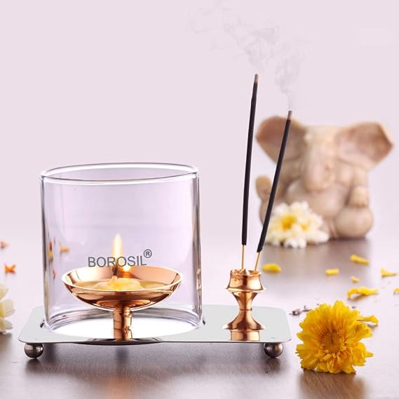 Borosil Glass Aarti Diya (Golden)