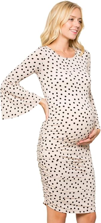 My Bump Women's Maternity Dress - Printed Fitted Stretch Bell Sleeve W/Ruched