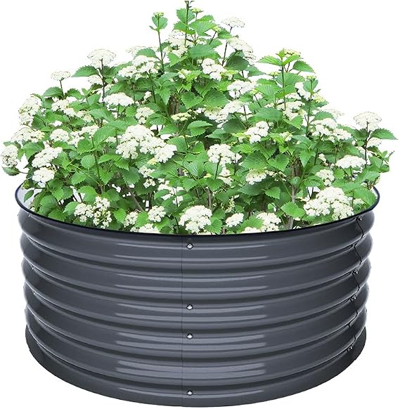 DripWorks Raised Garden Bed | Corrosion Resistant ZAM Steel | 42" Wide Round Bed (Grey, 17")