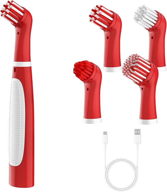 SOARING Rechargeable Electric Cleaning Brush with 4 in 1 Multiple Brush Heads,Indoor Household Cordless Motorized Brush for Bathroom Toilet Kitchen Tile Crevice (White & Red)
