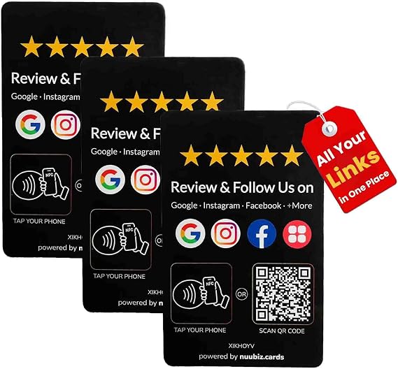 Review Tap Card for Google with Social Media Sign Multi-Link NFC & QR Code to Review & Follow on Instagram, Facebook & More Reusable, No App, No Fees, Works with All Smartphones (Pocket Size: 3.35 2.13 inches)