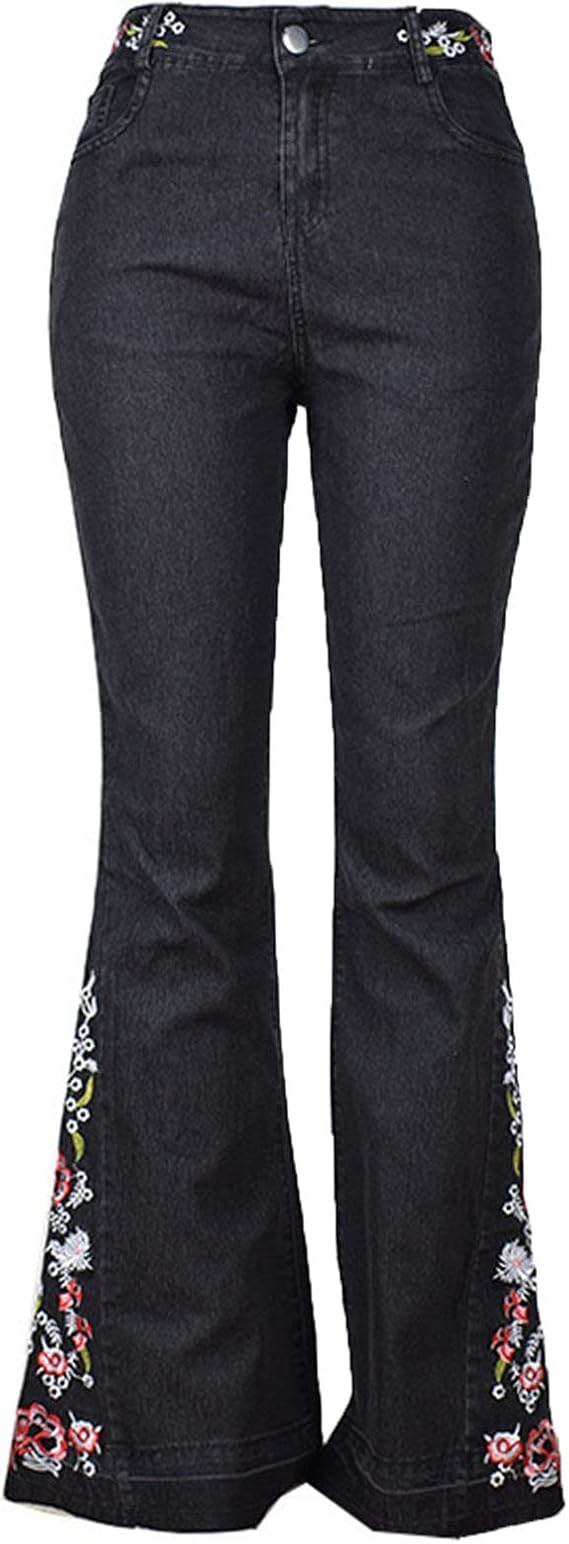 Women's Floral Embroidered Flare Jeans High Waist Slim Bell Bottom Denim Pants Butt Lifting Washed Jean Trouser