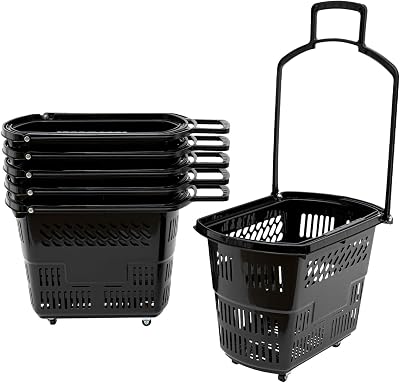 6PCS Shopping Baskets, 35L9.2Gal Portable Baskets with Handle and Wheels, Plastic Rolling Shopping Basket for Bookstores, Supermarkets, Retail Stores