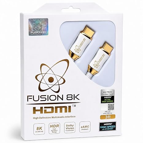 Fusion8K White HDMI 2.1 Cable 3ft - Certified 48Gbps 8K@60Hz 4K@120Hz 10K | HDR Dolby Vision eARC | Braided Cord for PS5 Xbox Series X Apple TV 4K