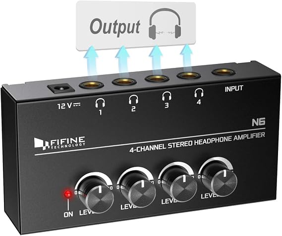 FIFINE Headphone Amplifier 4 Channels Metal Stereo Audio Amplifier,Mini Earphone Splitter with Power Adapter-4x Quarter Inch Balanced TRS Headphones Output and TRS Audio Input for Sound Mixer-N6