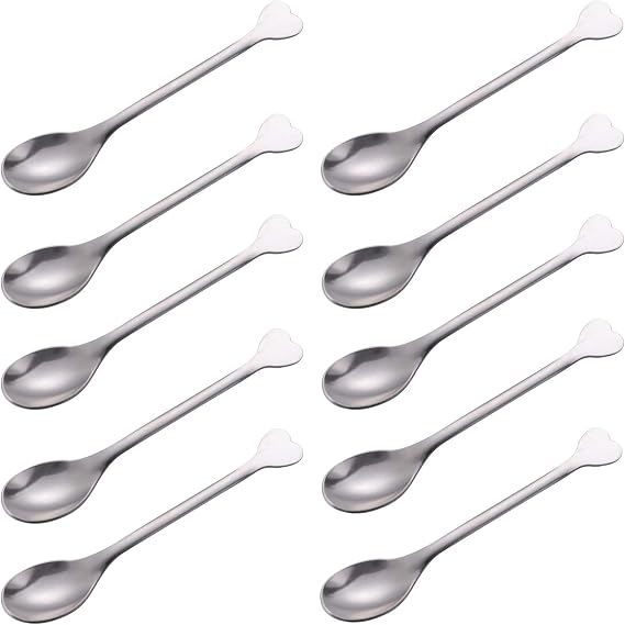 Mini Dessert Spoons Set of 10, Stainless Steel Demitasse Espresso Coffee Spoons, Small Spoons for Dessert, Tea, Appetizer - Heart-Shaped Handle, 4.5-Inch