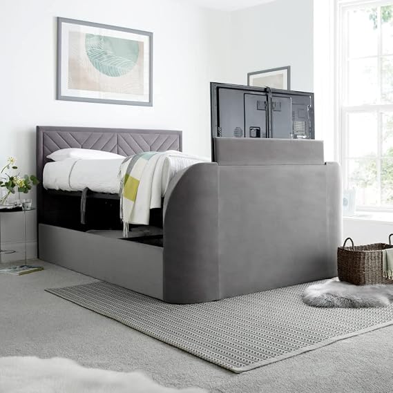 happybeds Sherlock Light Grey Velvet Ottoman TV Bed, 4ft6 Double, TV Lift