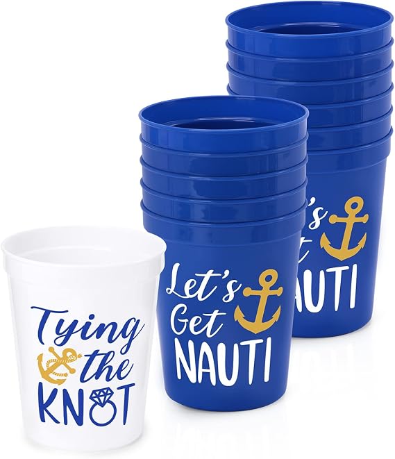 Nautical Sailor Party Plastic Cups Lets Get Nauti Bachelorette Party Decor | 12PCS Nautical Theme Stadium Cups Bridal Shower Summer Party Favors Decorations Reusable Party Cups Supplies 16OZ