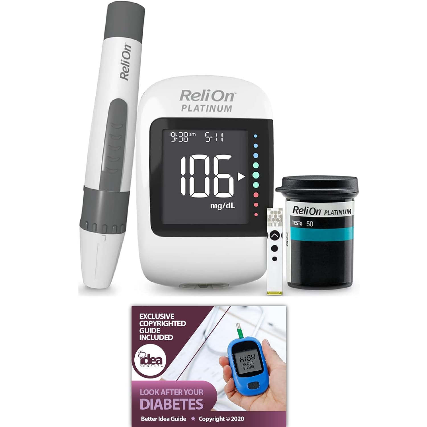 ReliOn Platinum Blood Glucose Meter Starter Kit, 50 Ct Bundle with Exclusive Look After Your Diabetes - Better Idea Guide 2 Items-Parent