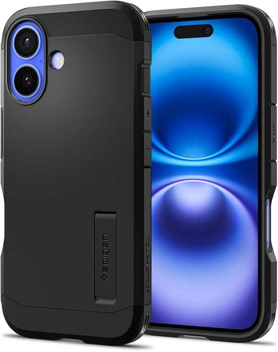 Spigen iPhone 16 ile Uyumlu Kılıf Tough Armor Stand özellikli Çift Katmanlı Zırh Koruma Siyah Kapak - ACS08386 (Spigen TR Garantili)