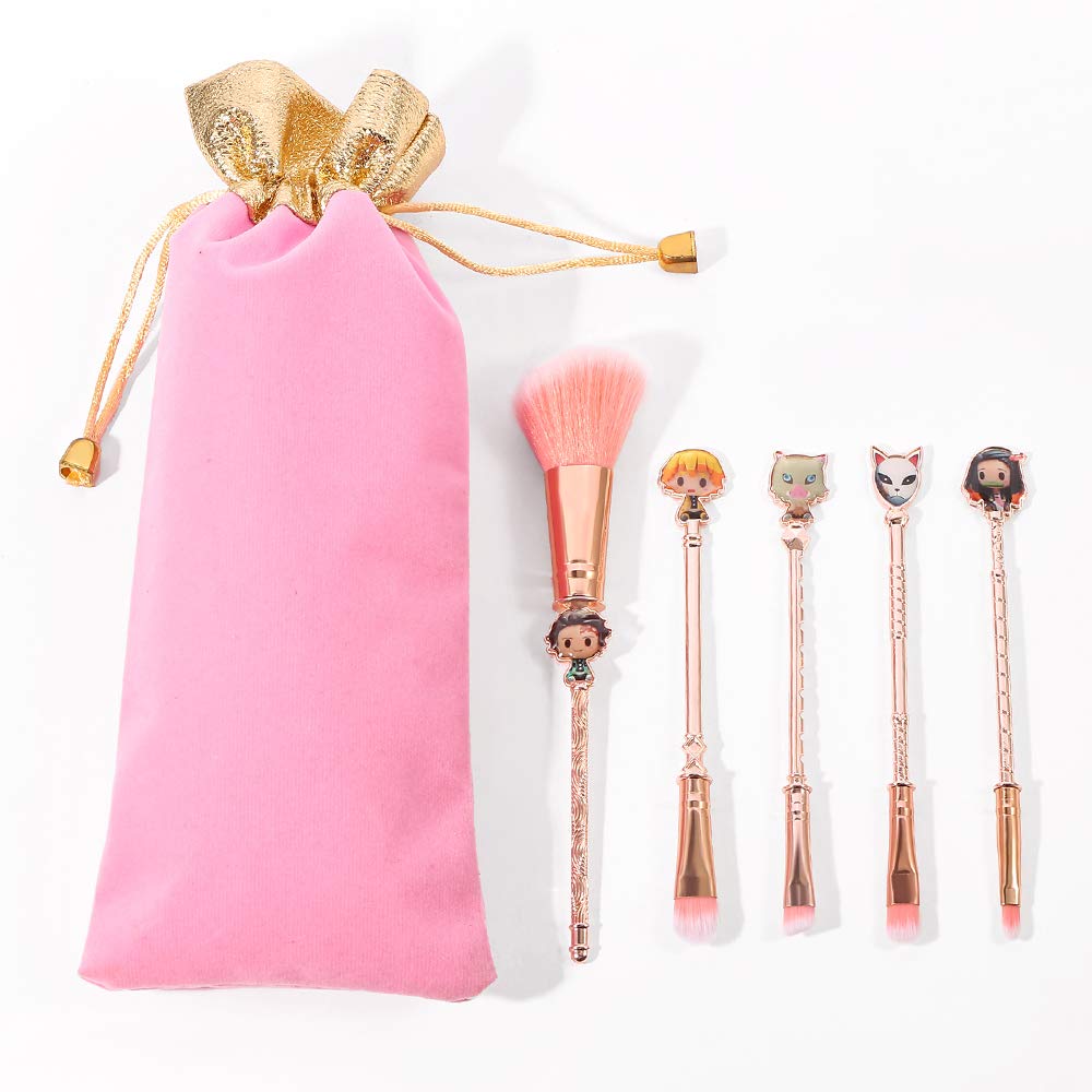 Coshine Anime Demon Slayer Makeup Brushes, 5pcs Kamado Tanjirou Cosplay Metal Cosmetic Brush Set Cute demon