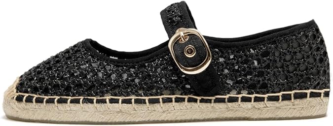 Women's Mesh Mary Jane Flat Espadrilles Woven Espadrille Outsole Canvas Fishnet Summer Ballet Flats Shoes