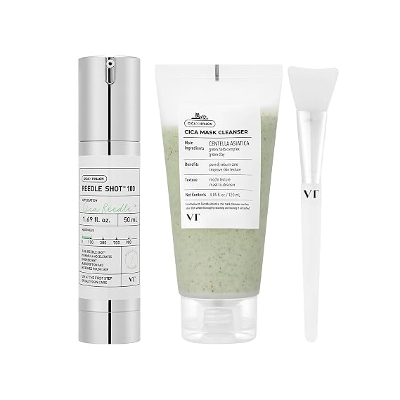 VT COSMETICS Bundle CICA Reedle Shot 100, CICA Mask Cleanser with Brush, Microneedling Serum, 2-in-1 Clay Mask-to-Foam Cleanser, Centella Asiatica, For Acne-Prone & Sensitive Skin, Korean Skincare