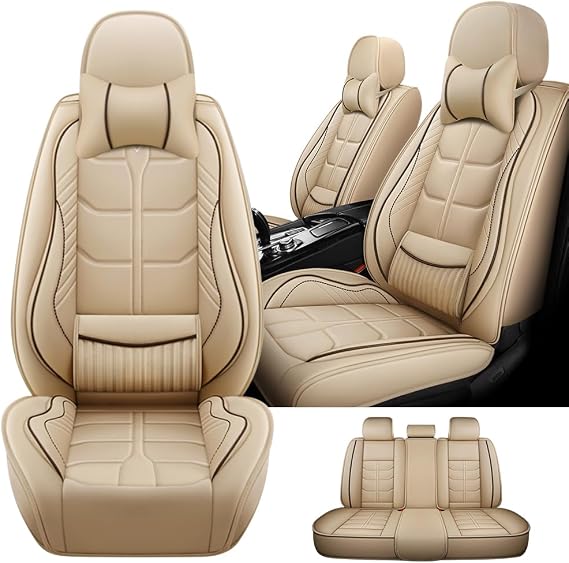 5 Seats with Lumbar Support Car Seat Cushion,for Cadillac XT5 2017-2024,Nappa Leather Car Seat Covers,Non-Slip Waterproof Seat Covers, Airbag Compatible Interior(Deluxe,Beige)