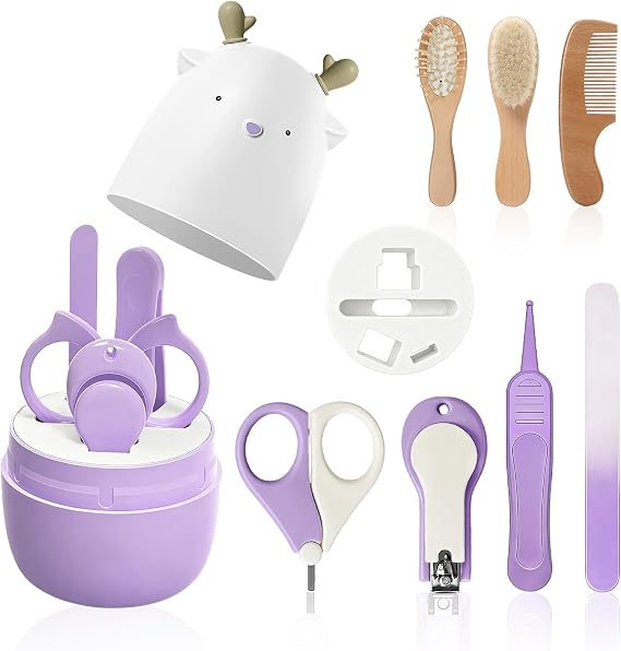 7 in 1 Baby Nail Clippers Set with Cute Case, Nail Clippers,Nail Scissors, Nail File, Tweezers, Wooden Hairbrush and Comb, Baby Grooming Set for Kids and Newborns