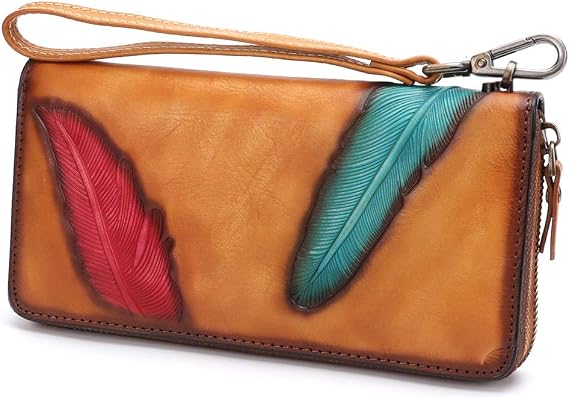 Women's Wallet Genuine Leather Zip Around Wristlet Long Purse Vintage Embossing Cowhide Capacity Handmade Clutch(Brown)
