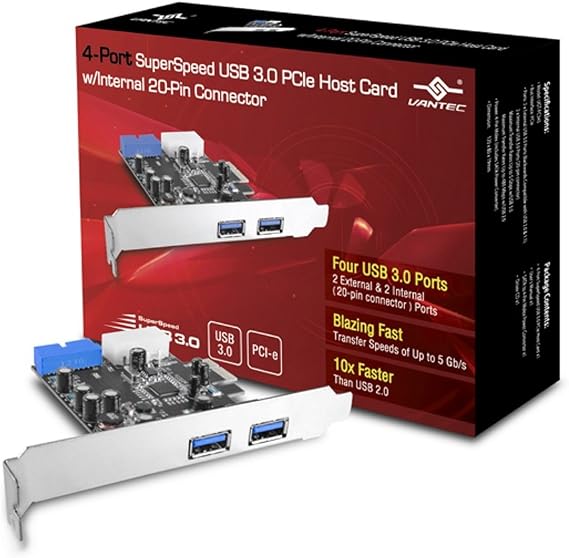VANTEC 4-Port SUPERSPEED USB 3.0 PCIE Host Card W/Internal 20-PIN Connector