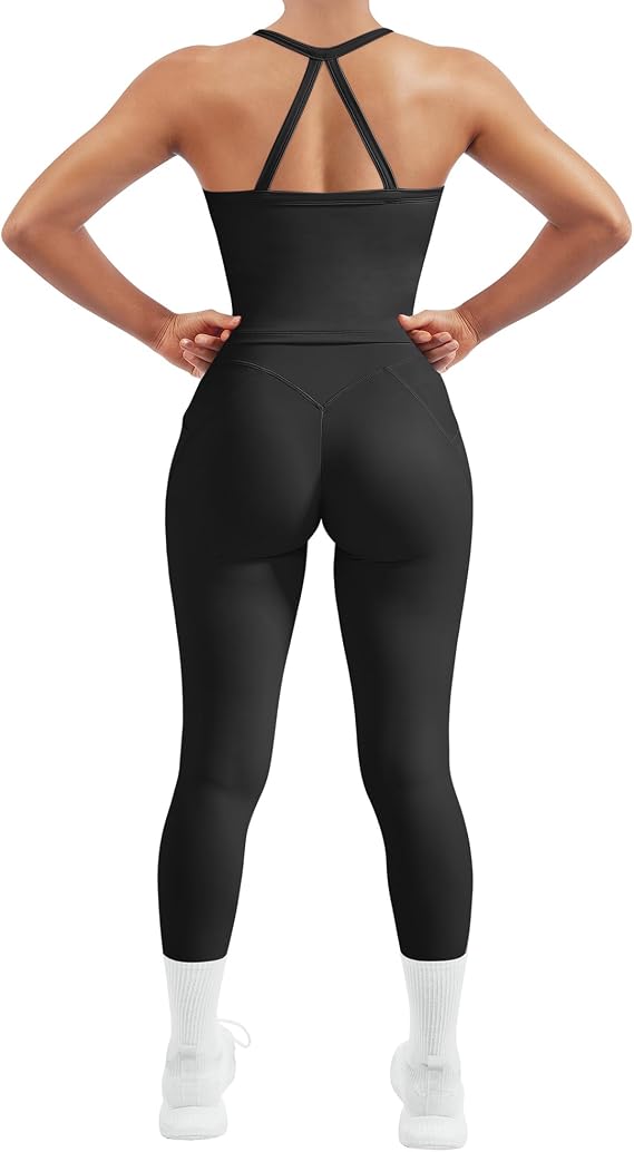 SUUKSESS Women 2 Piece Workout Sets Compression Tummy Control Leggings with Pockets Halter Built in Bra Tank Tops