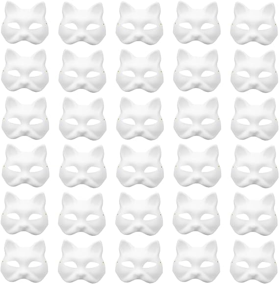 30Pcs Therian Cat Masks to Paint - White Blank Cat Masks for Halloween & Holidays