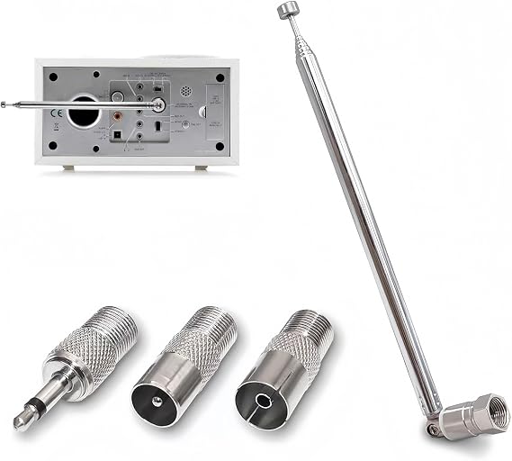 FM Aerial Indoor Antenna, 75cm 7-Section Telescopic DAB Radio Aerial Antenna, F Type Male Plug Connector ​with 3 Adapters for HiFi AV Stereo Receiver, Table Top Radio, Mini System (1Set Silver)