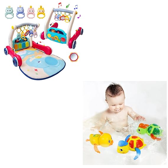 Baby Gym Play Mat & Baby Walker, Baby Bath Toys, Floating Wind Up Swimming Turtle and Duck