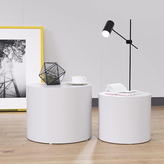White Round Coffee Table Set Nesting Coffee Table Small Circle Coffee Table Side Table Set for Living Room Bedroom No Need Assembly