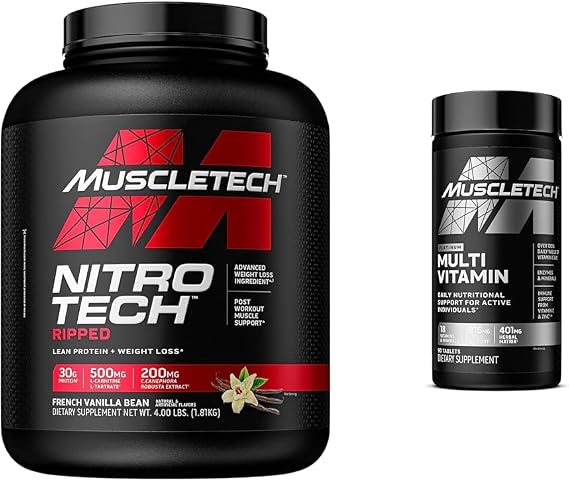 MuscleTech Nitro-Tech Ripped | Lean Whey Protein Powder/Isolate & Platinum Multivitamin for Immune Support 18 Vitamins & Minerals Vitamins A C D E B6 B12 Daily Workout Supplements for Men 90 Ct