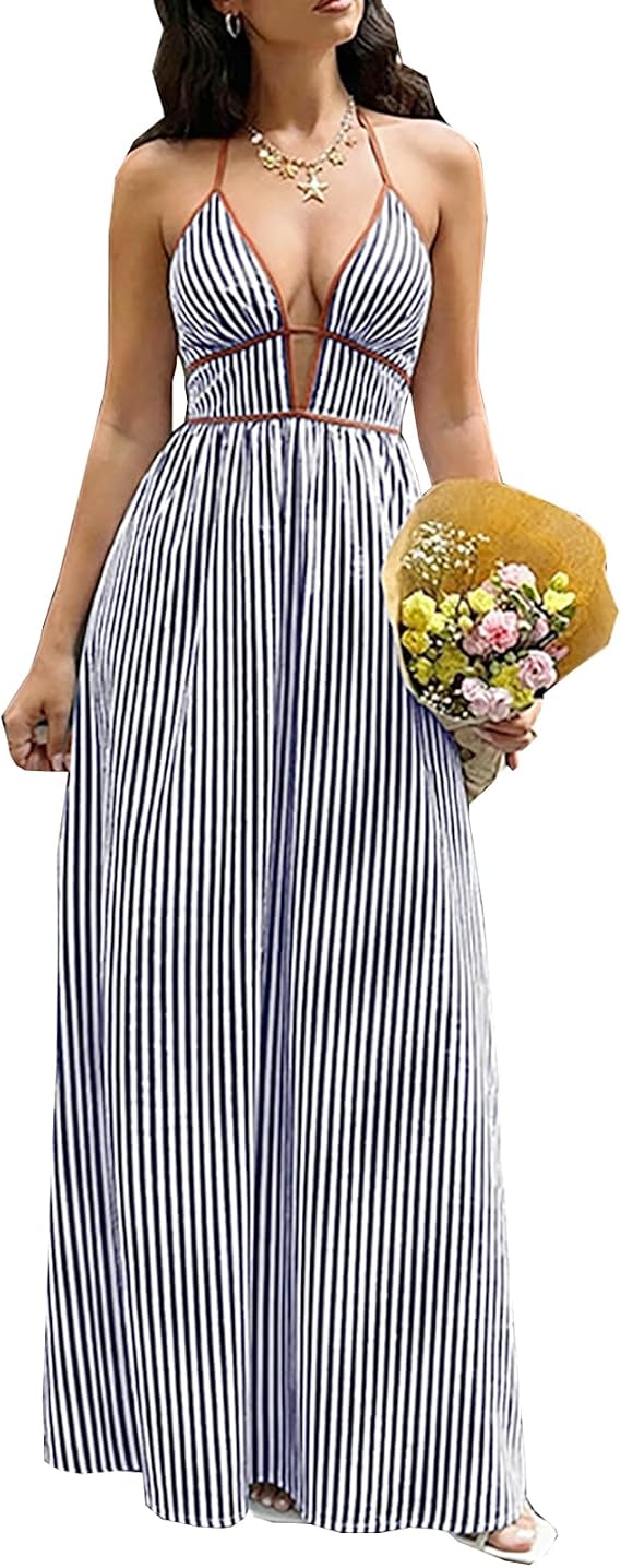 Women's Striped Maxi Dress Spaghetti Strap Halter V Neck Back Smocked Flowy Swing Beach Sundress