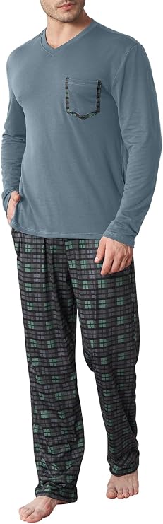KUYIGO Mens Pajamas Set V Neck Top Plaid Pants 2 Piece Pjs | Soft 2 piece sleepwear set with V neck top, plaid pants and pockets for sleep, lounge or home wear