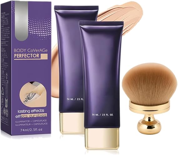 All Over Complexion Perfector with Body Makeup Brush, Full Body Coverage Perfector, Tattoo Cover up Cream, Waterproof Long-Lasting Sweat-Proof Coverage Concealer for Body Legs (2 set)