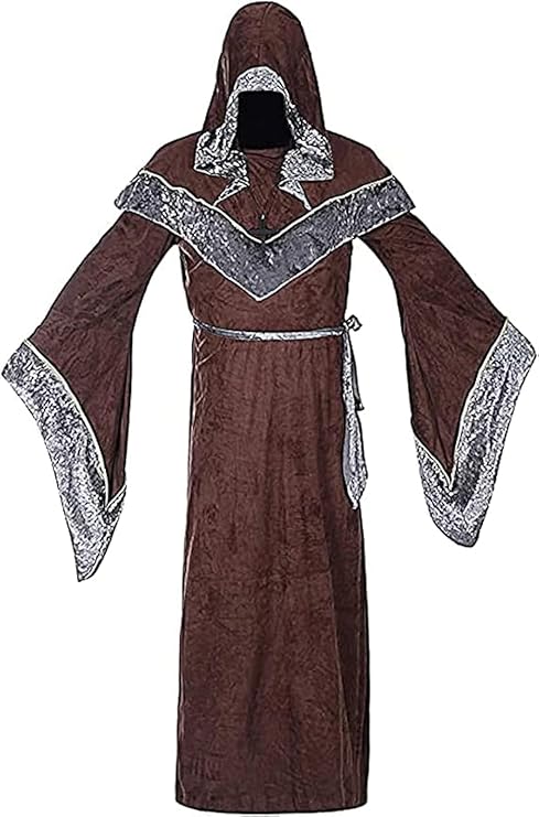 Mens Halloween Costume Sorcerer Robe, Medieval Vintage Hooded Gown Cloak | Hooded Medieval Wizard Robe With Silver Trim, Wide Sleeves, and Flowing Design for Halloween, Cosplay, and Fantasy Events