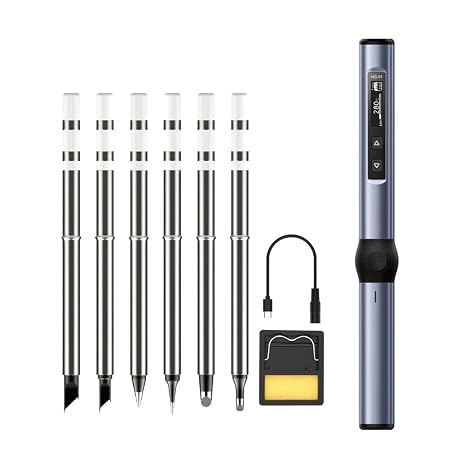 Soldering Iron Kit, USB C Digital Soldering Iron Kit with 6 Soldering Iron Tips, 80~420℃ Cordless Soldering Iron, Portable Soldering Iron, for Welding Repair Gray Blue