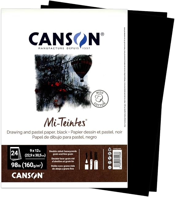 Canson Artist Series Mi-Teintes Pastel Paper, Black, Foldover Pad, 9x12 inches, 24 Sheets (98lb/160g) - Artist Paper for Adults and Students