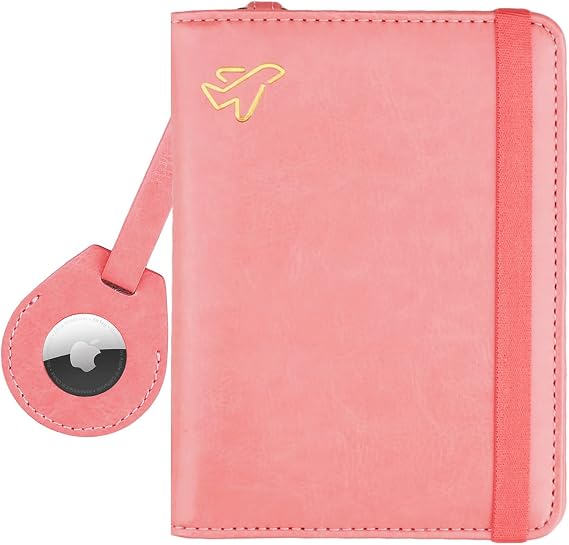 WALNEW AirTag Passport Holder for Travel, RFID Passport Wallet, Dark Pink