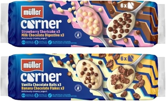 Corner Mullers Yoghurt 12x124g Vanilla & Banana and Strawberry Shortcake & Chocolate Digestive (2 Packs - One Each - Total 12 Yoghurts)