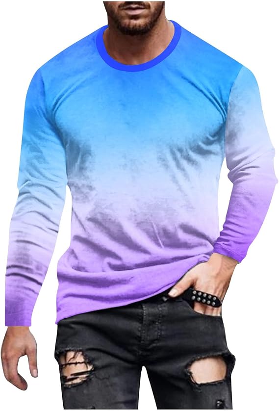 Generic Shirts for Men Long Sleeve Casual Loose Gradient Color Print Crewneck Sweatshirt Lightweight Gym Workout Pullover Top