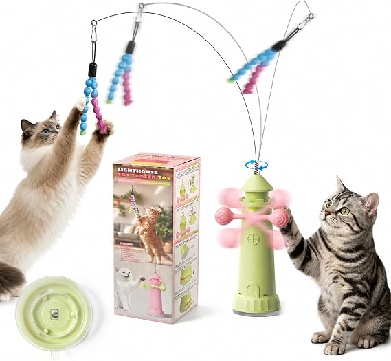 Interactive Cat Toy, Suction Cup Mounted Cat Teaser for Indoor Cats | Stable weighted suction base prevents sliding. Solo play or human-cat interactive play for bored indoor kitties.