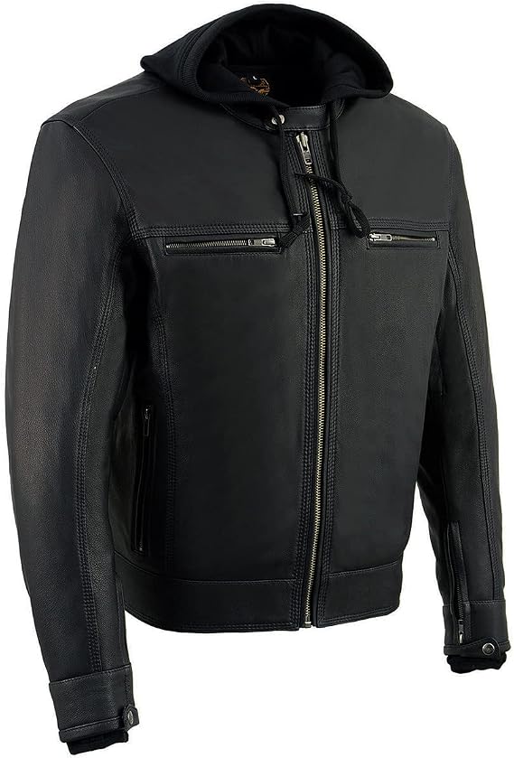 Milwaukee Leather MLM1552 Men's Black Leather Utility Pocket Vented Scooter Style Motorcycle Jacket w/Hoodie