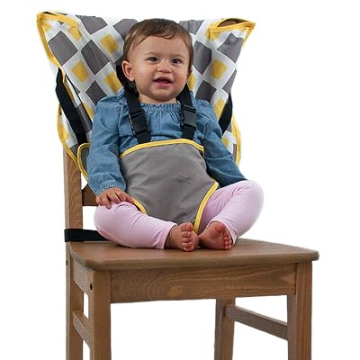 The Original Easy Seat Portable Safety Harness Chair Accessory Charcoal wYellow - Quick, Easy Cloth Portable High Chair for Travel, Fits in Your Hand Bag as a Convenient Baby Travel Accessory