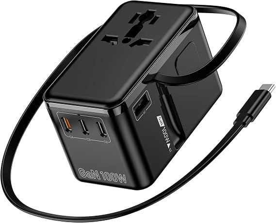 100W GaN Universal Travel Adapter - 6-in-1 International Plug Adapter Wall Charger for 200+ Countries, Built-in USB-C Cable Multi Port Fast Charging Worldwide - US/EU/UK/AUS