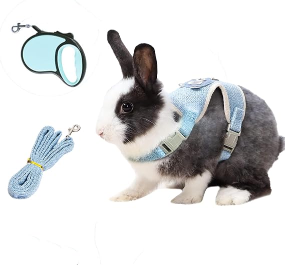 MANON ROSA Bunny Harness and Leash Set for Rabbits - Adjustable Vest for Guinea Pig Chinchilla Hamster Ferret Rat Kitten Puppy - Free Retractable Leash Included (Small,Blue)
