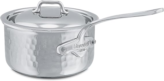 Mauviel M'ELITE Hammered 5-Ply Sauce Pan With Curved Lid, Cast Stainless Steel Handles, 1.2-Qt, Made In France