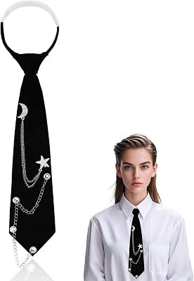 Womens Tie, Black Clip on Ties for Women with Artificial Pearl Accessory Metal Chain Necktie for Casual Cosplay School